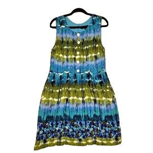 Vintage Indie Boho Blue Green Dip Dye Sleeveless Flowy Button Front Dress 14
